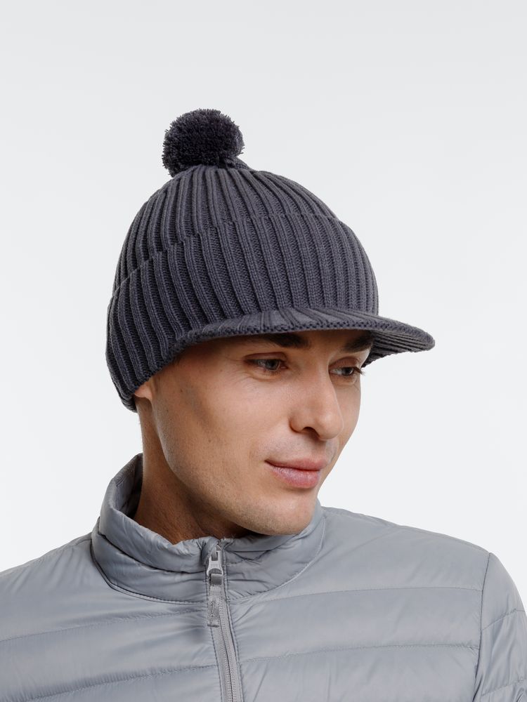 Вязаная шапка с козырьком Peaky, серая (антрацит)-7