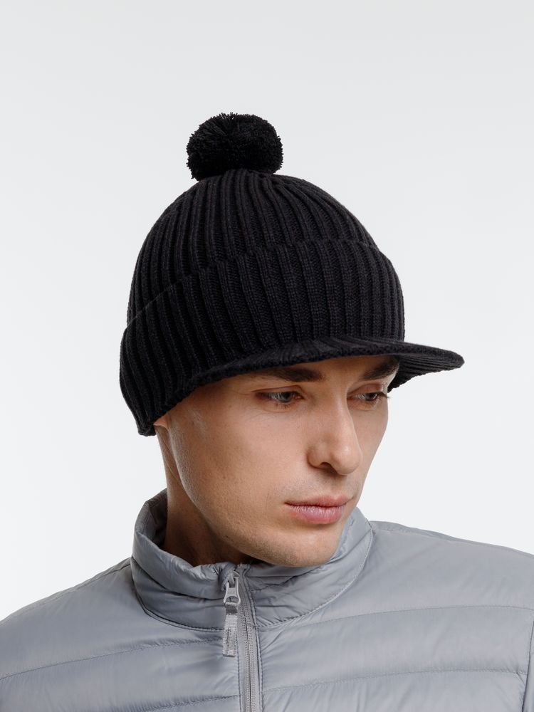 Вязаная шапка с козырьком Peaky, черная-6