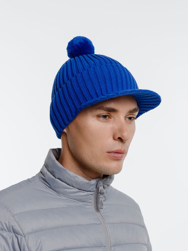 Вязаная шапка с козырьком Peaky, синяя (василек)-6