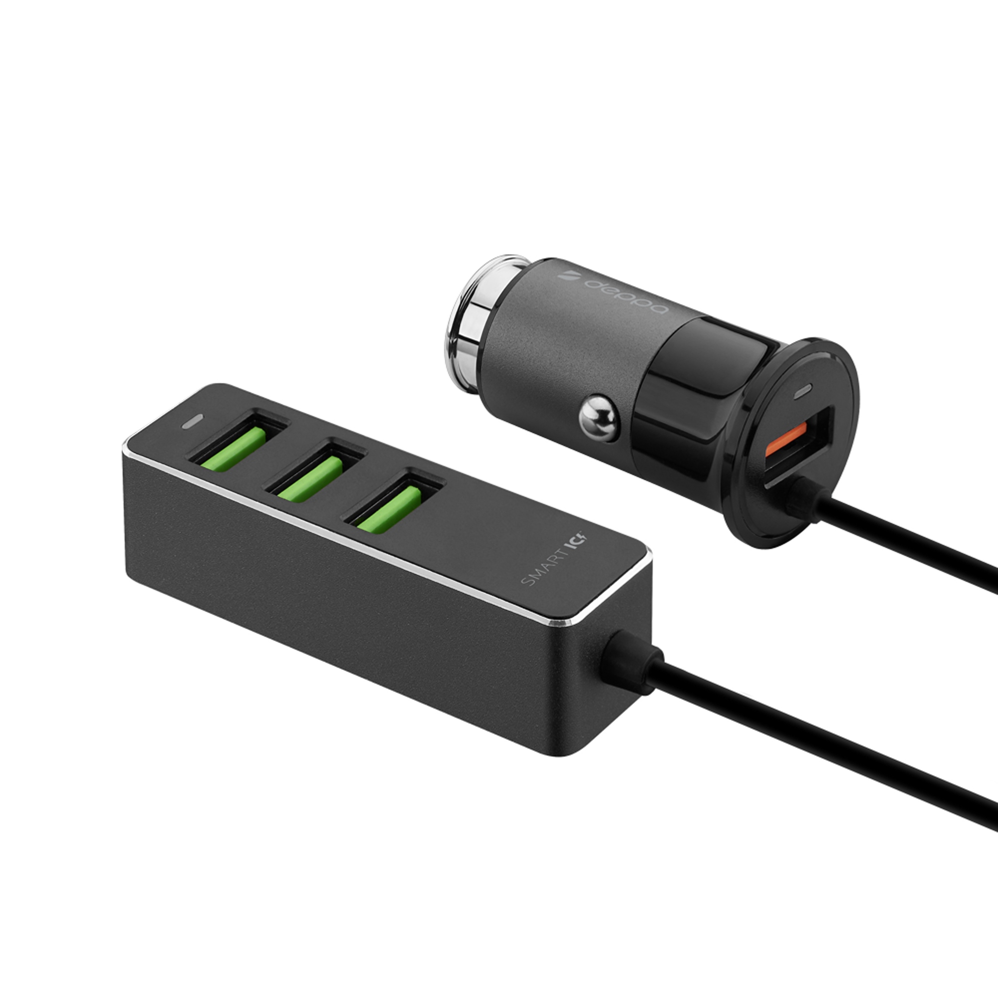 АЗУ 1 USB + 3 USB для пассажиров, QC 3.0, 7А, алюминий, графит, Deppa-1