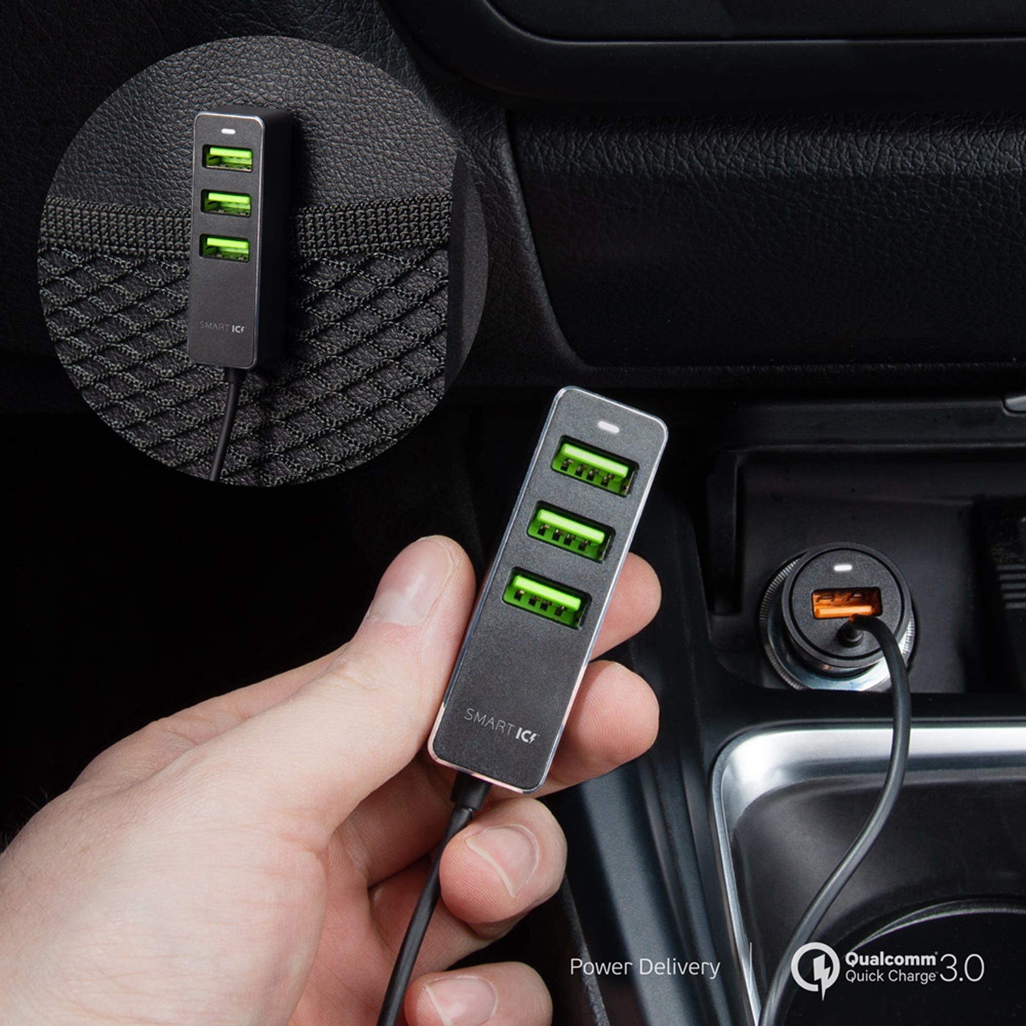 АЗУ 1 USB + 3 USB для пассажиров, QC 3.0, 7А, алюминий, графит, Deppa-3