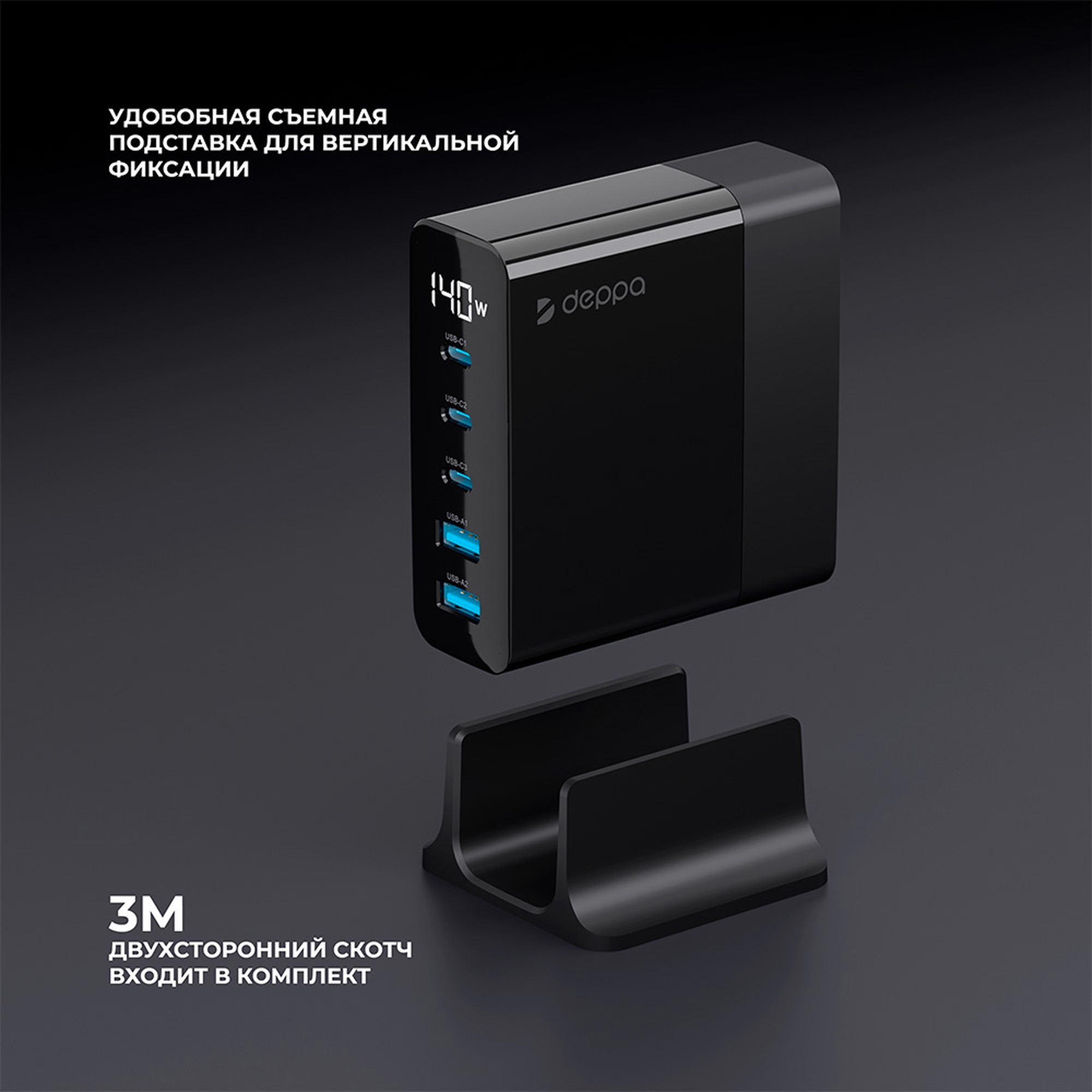 Зарядная станция 3xUSB Type-C, 2xUSB, PD, QC, 140Вт, черный, Deppa-3