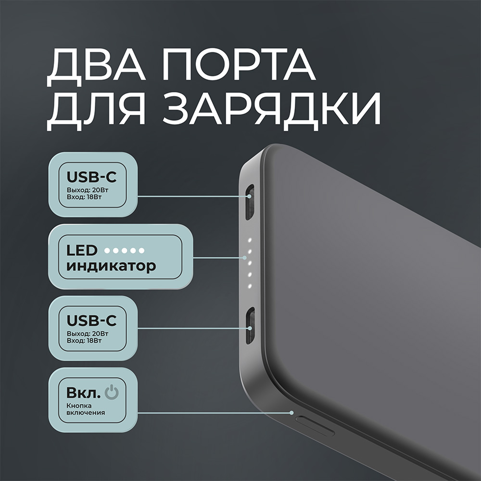 Внешний АКБ NRG Turbo S 10000 mAh, 20Вт, графит, Deppa-3