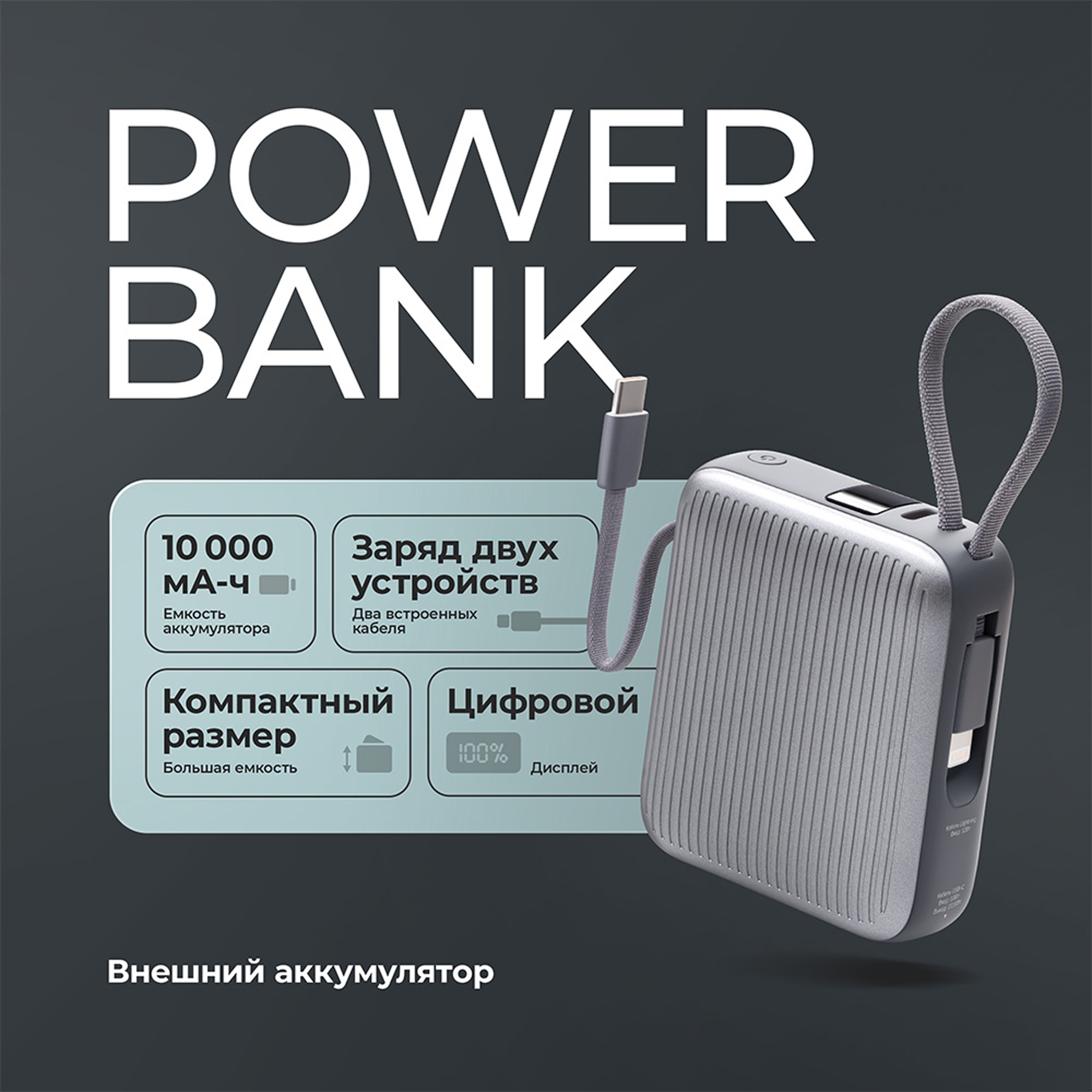 Внешний АКБ NRG Turbo Cable 10000 mAh, 22,5Вт, графит, Deppa-2