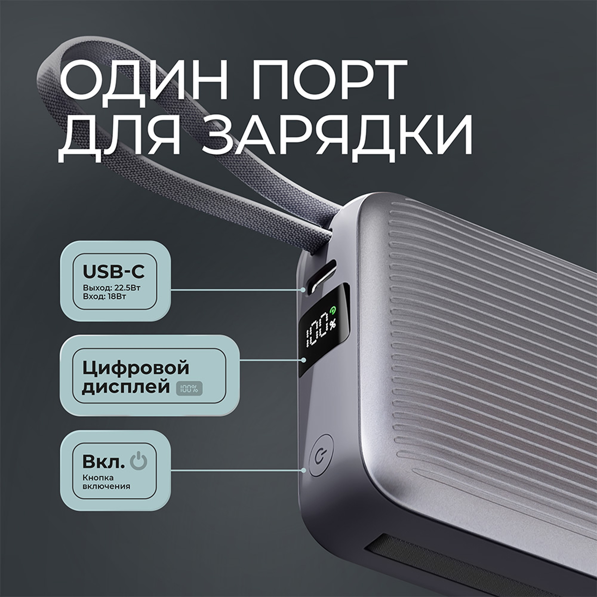 Внешний АКБ NRG Turbo Cable 10000 mAh, 22,5Вт, графит, Deppa-3