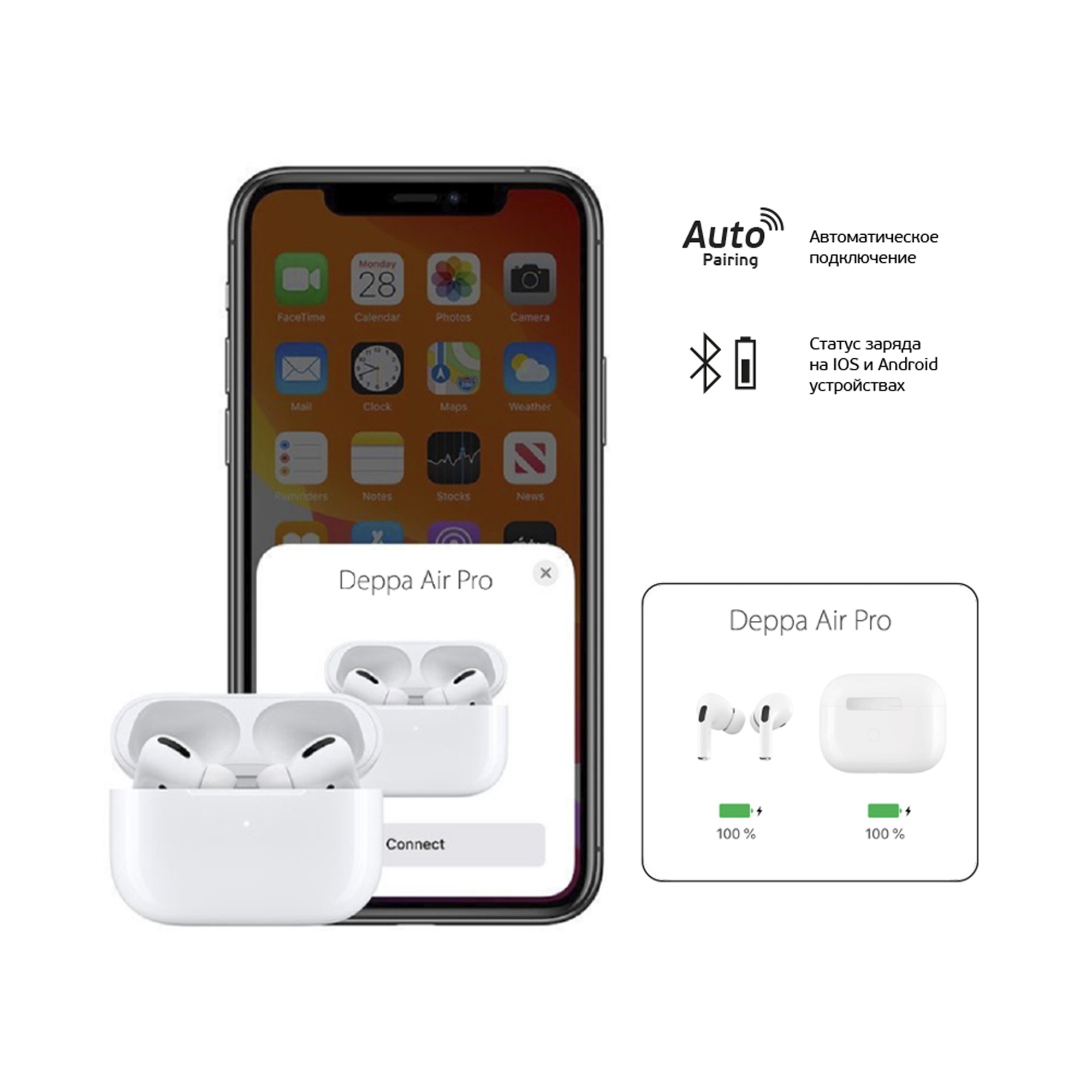 Беспроводные наушники с микрофоном Air Pro 2, TWS, BT 5.3, 300 мАч, QI, белый, Deppa-2