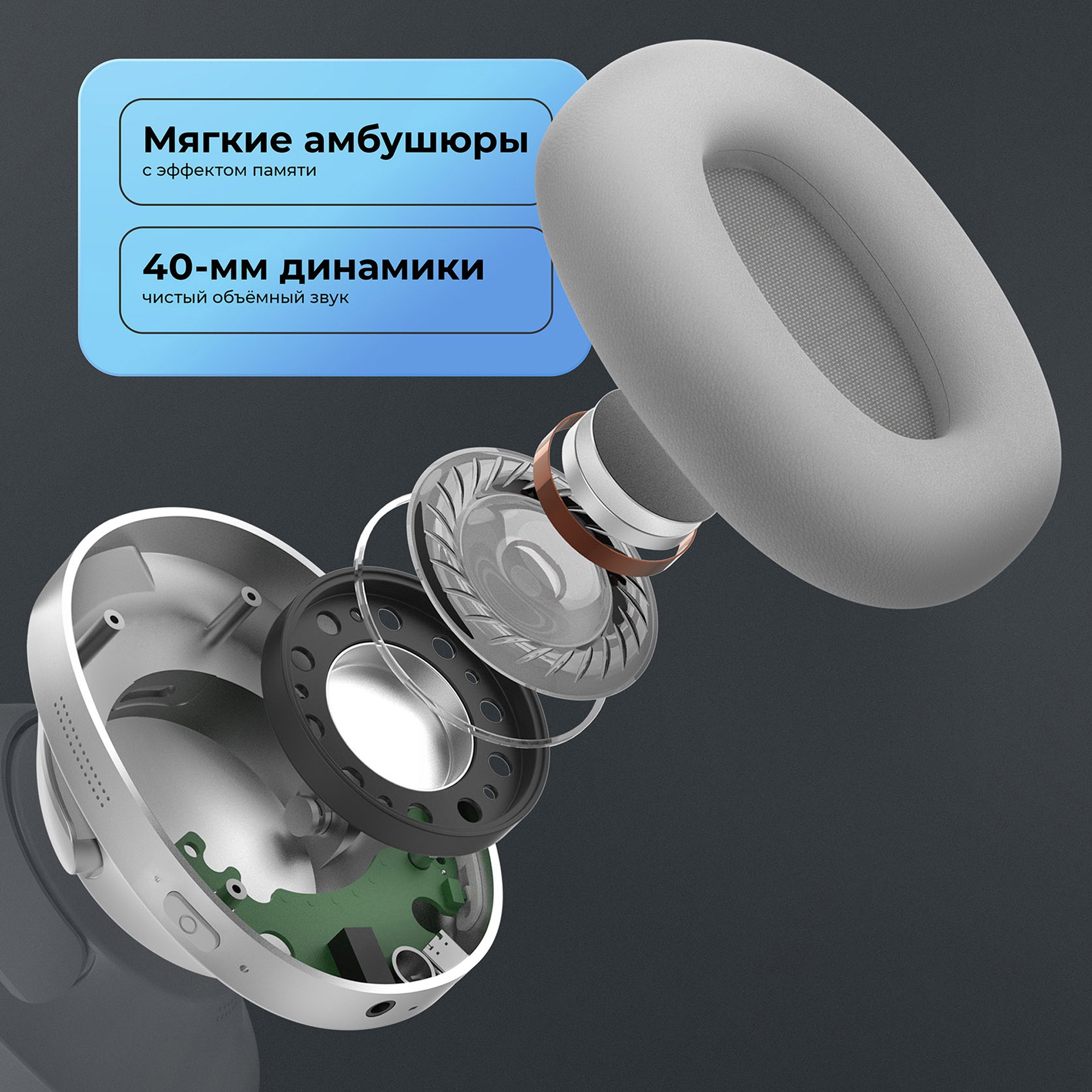 Беспроводные накладные наушники Stereo Ultra ANC, BT 5.4, ANC/ENC, 500мАч, серебристый, Deppa-6