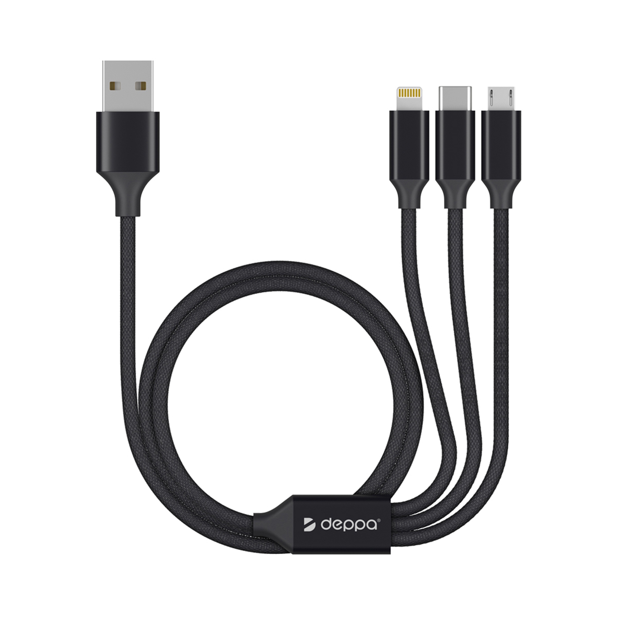 Дата-кабель 3 в 1: micro USB, USB-C, Ligthning, алюминий, 1.2м, черный, Deppa-1