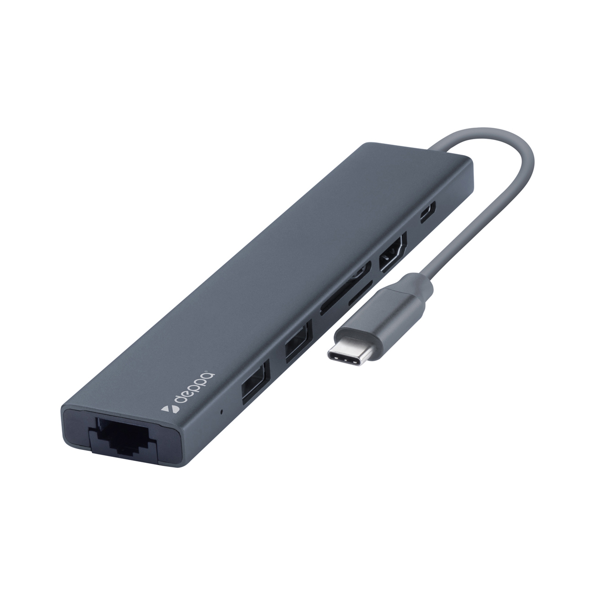 USB Type-C хаб 7-в-1, HDMI, Power Delivery, 2xUSB 3.0, RJ45, microSD/SD, графит, Deppa-1