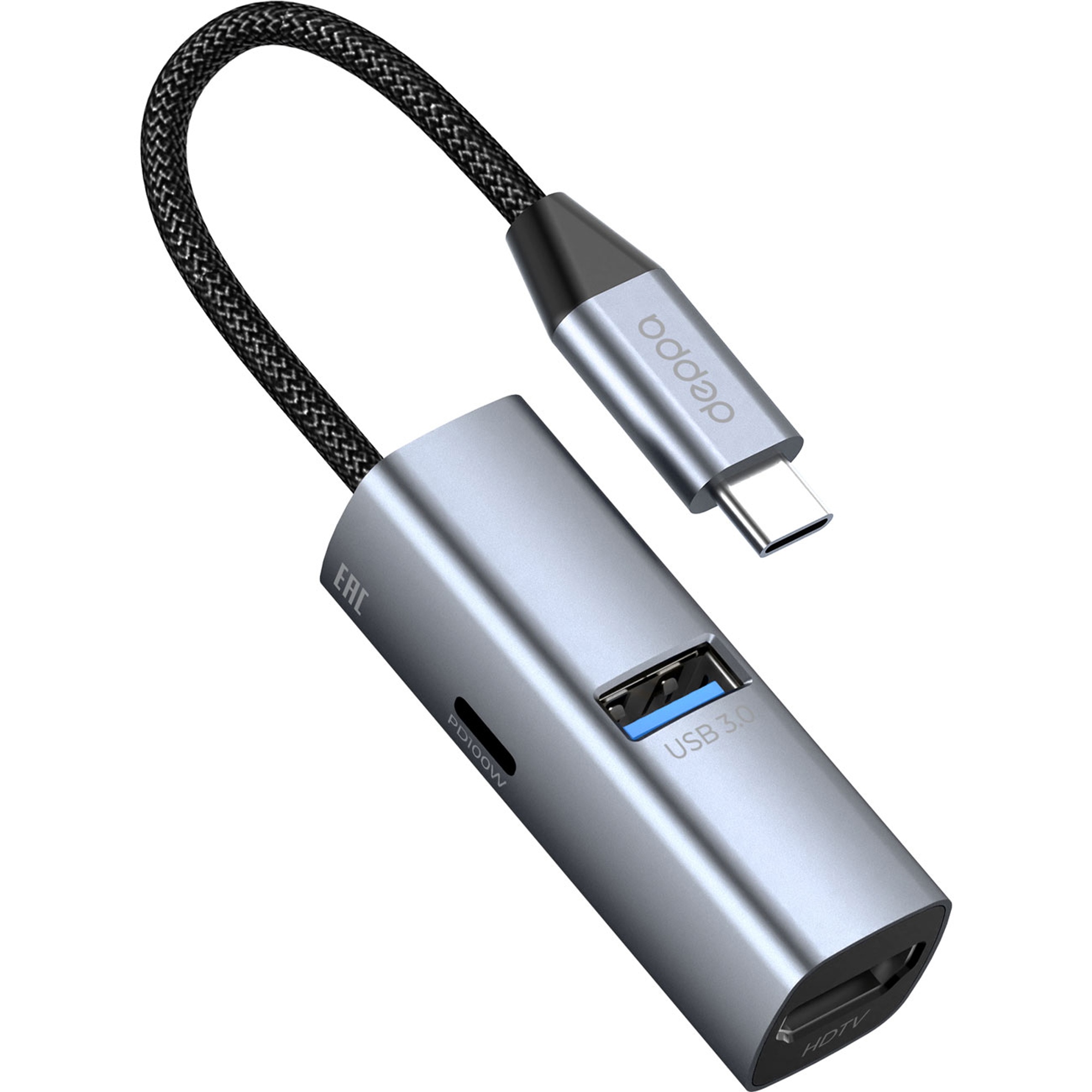 USB-хаб 3 в 1 USB-C - USB-A3.0 + USB-C PD100Вт + HDMI, серый, Deppa-1