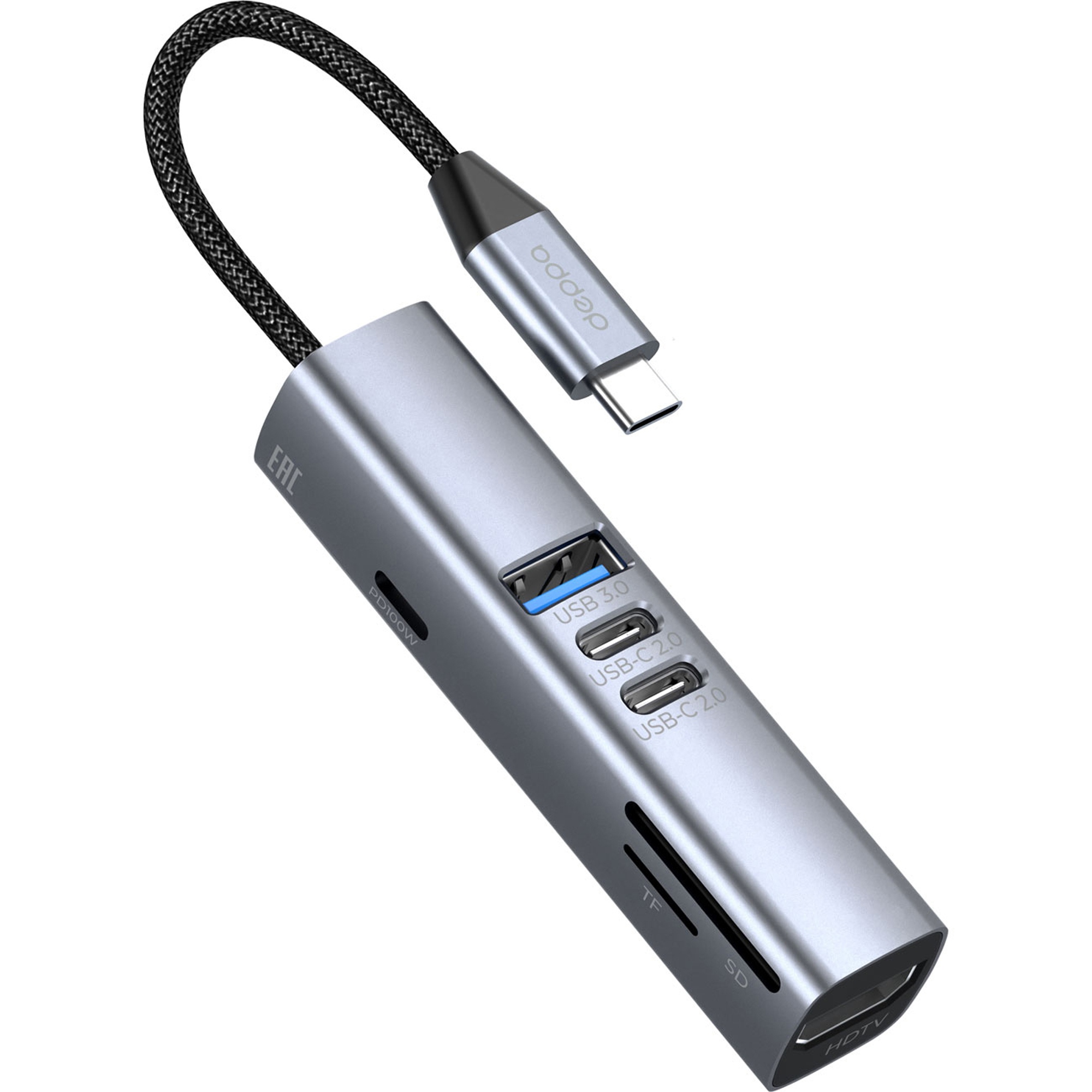 USB-хаб 7 в 1 USB-C - USB-A3.0 + 2хUSB-C + USB-C PD100Вт + HDMI + SD + microSD, серый, Deppa-1