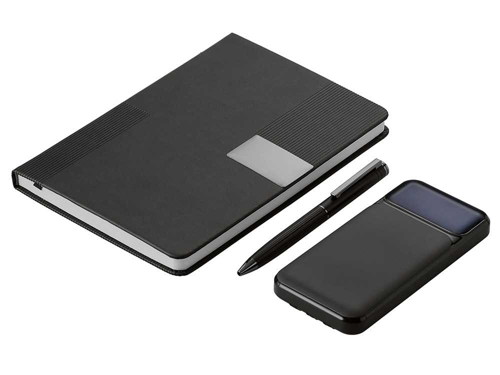 Подарочный набор "Tesla" с блокнотом А5, ручкой и пауэрбенком на 10 000 mAh, черный-1