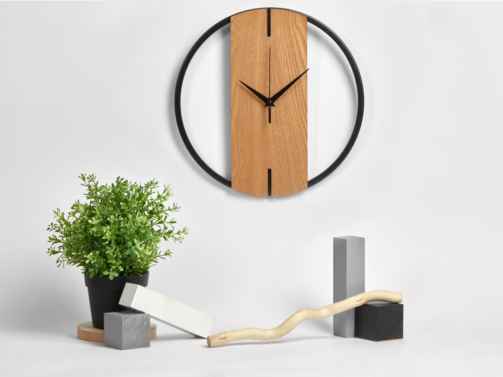 Деревянные часы с металлическим ободом, диаметр 30 см, "Time Wheel", натуральный/черный-5