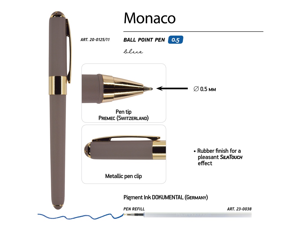 Ручка пластиковая шариковая «Monaco», 0,5мм, синие чернила, серый-2