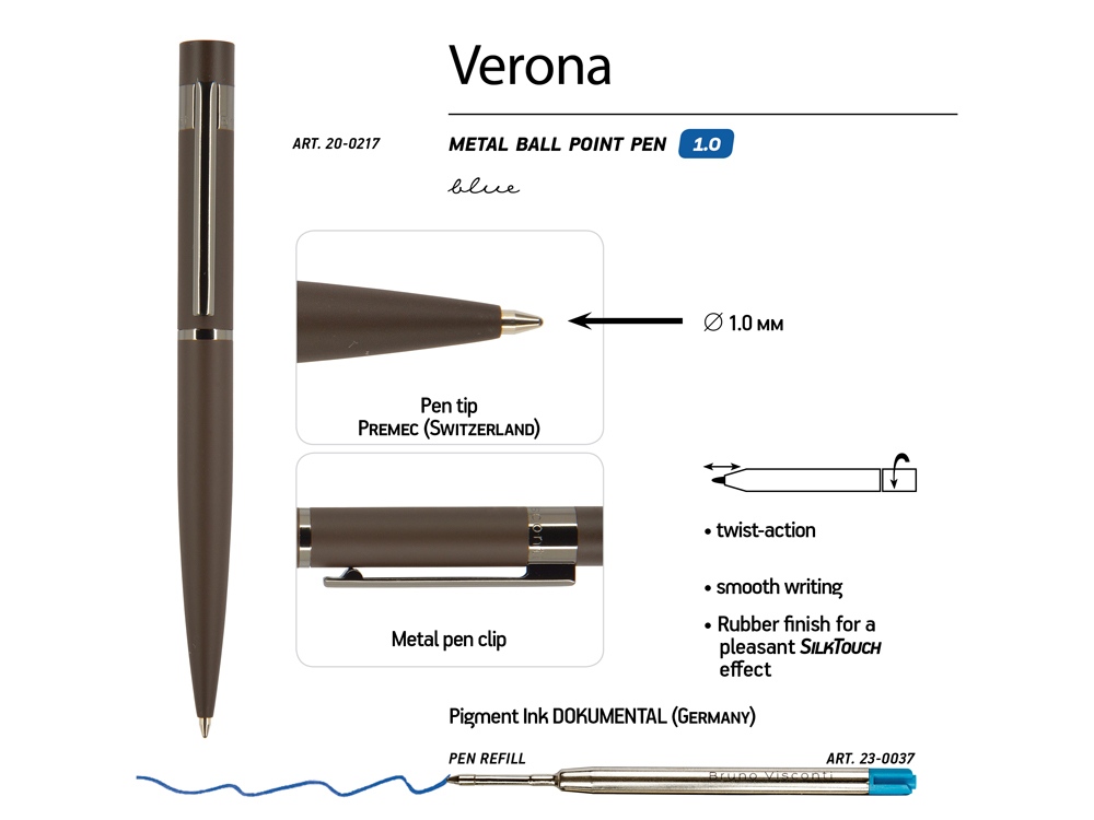 Ручка шариковая автоматическая BrunoVisconti "VERONA" цвет корпуса коричневый, soft-touch, 1 мм, синяя-2