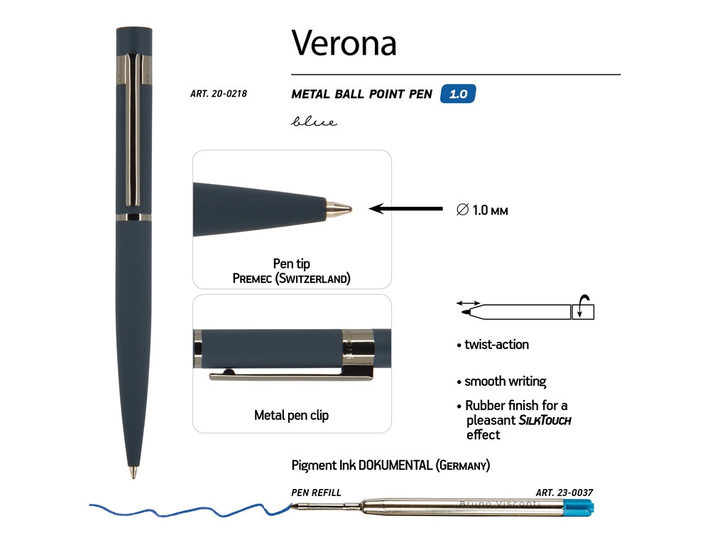 Ручка шариковая автоматическая BrunoVisconti "VERONA" цвет корпуса синий, soft-touch, 1 мм, синяя-2