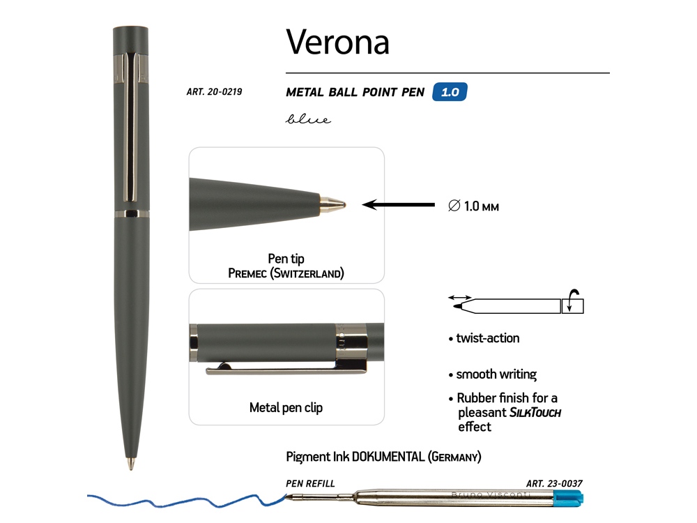 Ручка шариковая автоматическая BrunoVisconti "VERONA" цвет корпуса серый, soft-touch, 1 мм, синяя-1