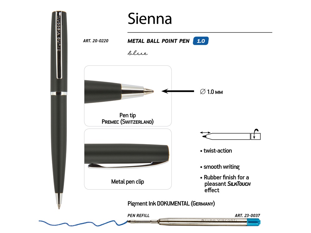 Ручка "Sienna" шариковая  автоматическая, черный металлический корпус soft-touch, 1.0 мм, синяя-2