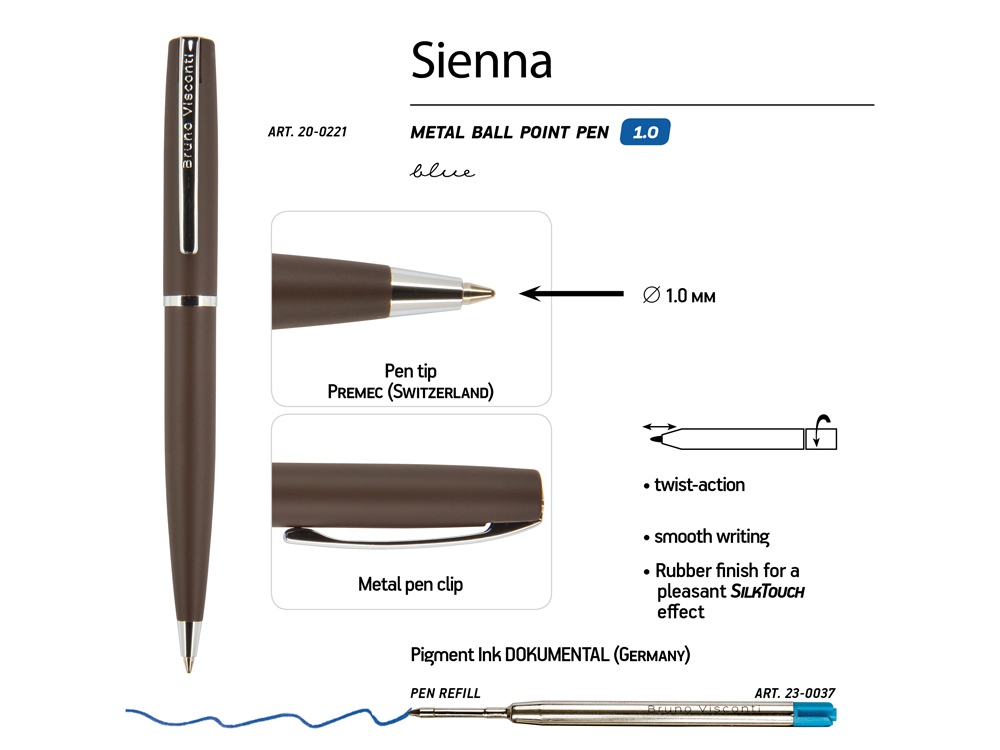 Ручка "Sienna" шариковая  автоматическая, коричневый металлический корпус soft-touch, 1.0 мм, синяя-2