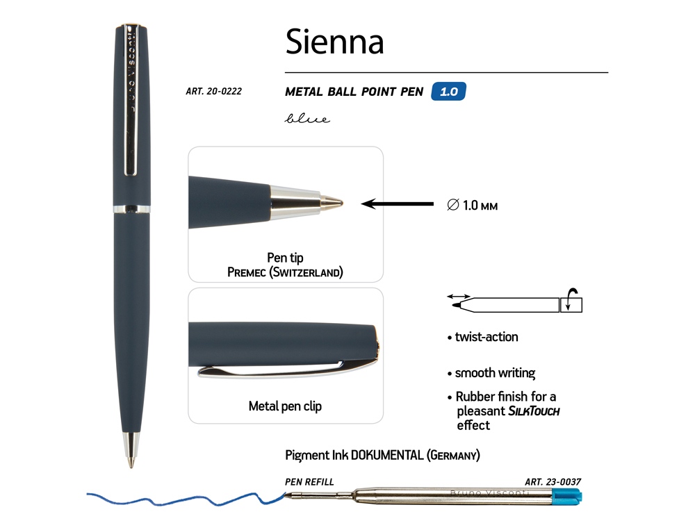 Ручка "Sienna" шариковая  автоматическая, синий металлический корпус soft-touch, 1.0 мм, синяя-2