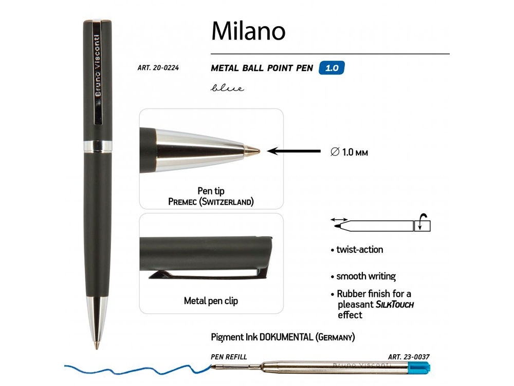 Ручка шариковая автоматическая BrunoVisconti® "MILANO" цвет корпуса черный, 1 мм-2
