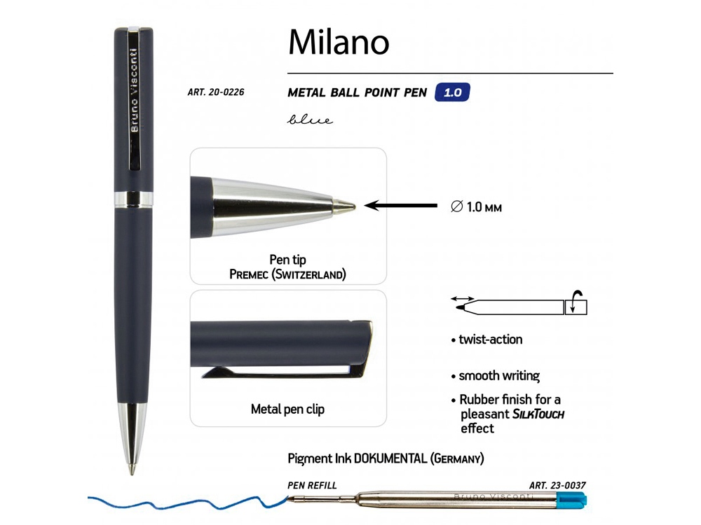 Ручка шариковая автоматическая BrunoVisconti® "MILANO" цвет корпуса синий, 1 мм-2