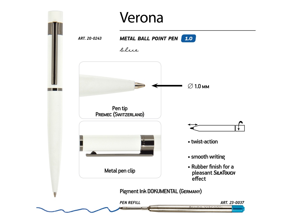 Ручка шариковая автоматическая BrunoVisconti "VERONA" цвет корпуса белый, soft-touch, 1 мм, синяя-2