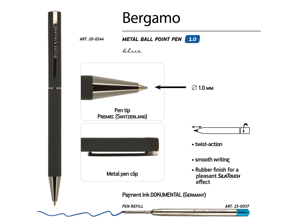 Ручка "Bergamo" шариковая автоматическая, черный металлический корпус, 0.7 мм, синяя-2