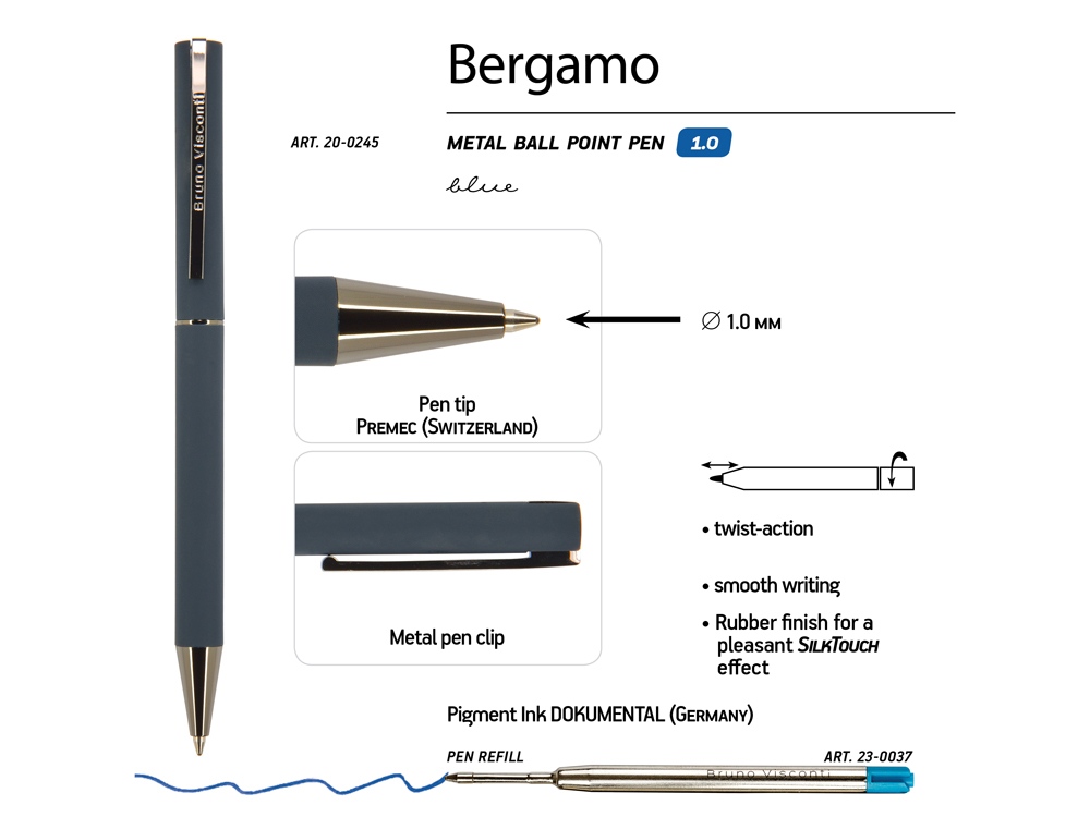 Ручка "Bergamo" шариковая автоматическая, синий металлический корпус, 0,7 мм, синяя-2