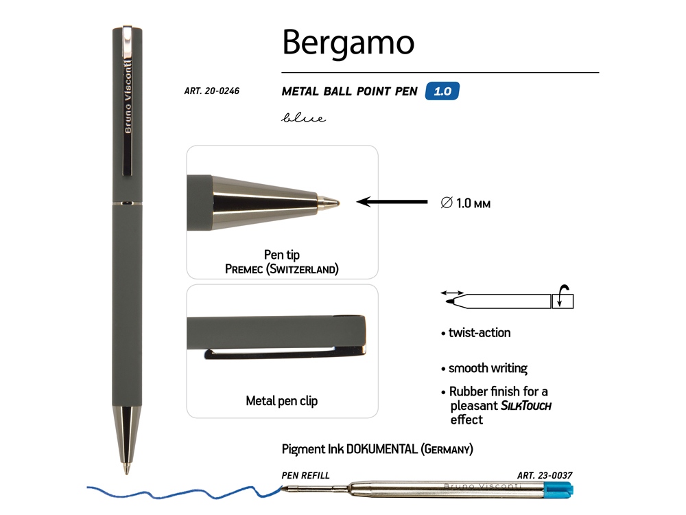 Ручка "Bergamo" шариковая автоматическая, серый металлический корпус, 0,7 мм, синяя-2