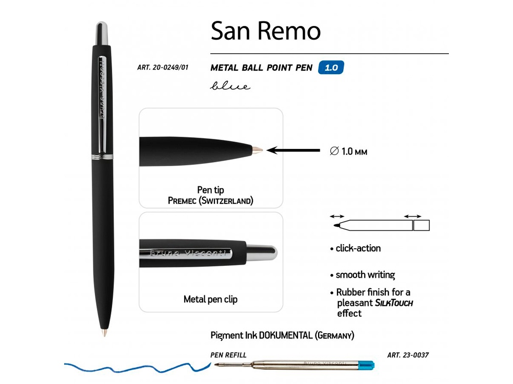 Ручка "SAN REMO" шариковая  автоматическая, черный металлический корпус, 1.00 мм, синяя-2