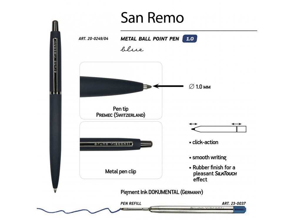 Ручка "SAN REMO" шариковая, автоматическая, темно-синий металлический корпус 1.00 мм, синяя-2
