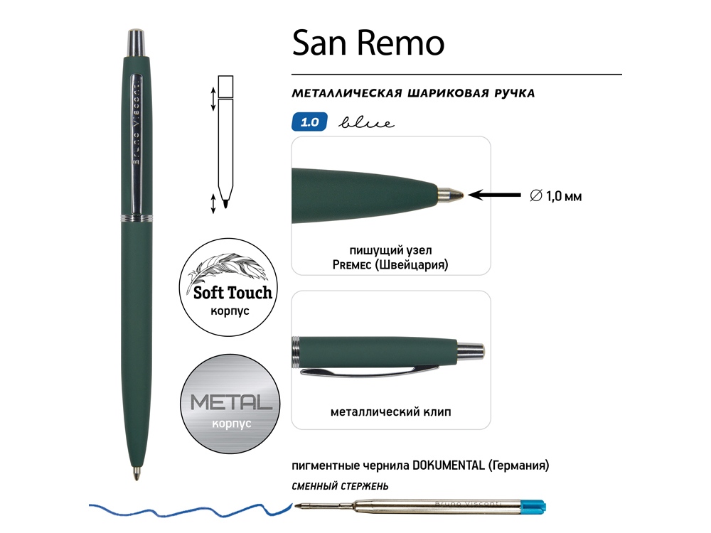 Ручка металлическая шариковая "San Remo", софт-тач, 1.0 мм, зеленый-2