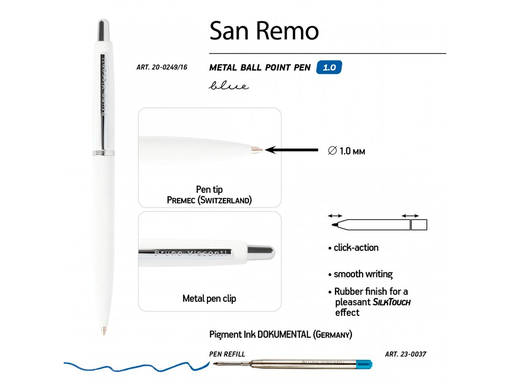 Ручка "SAN REMO" шариковая, автоматическая, белый металлический корпус 1.00 мм, синяя-2