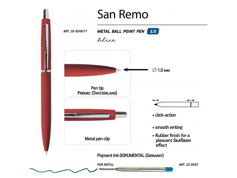 Ручка "SAN REMO" шариковая, автоматическая, красный  металлический корпус 1.00 мм, синяя-2