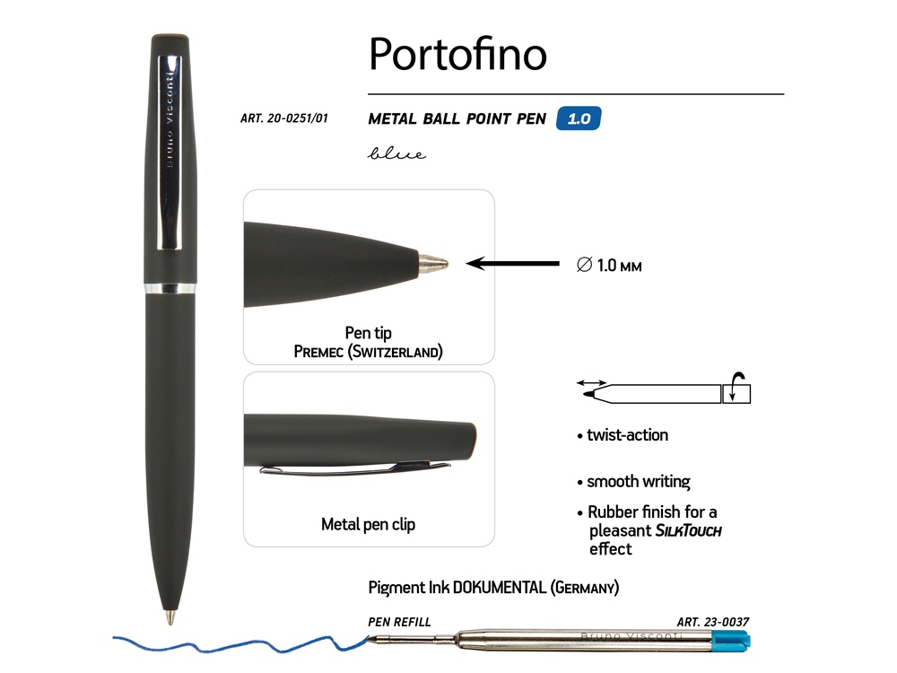 Ручка металлическая шариковая "Portofino", софт-тач, 1.0 мм, черный-2
