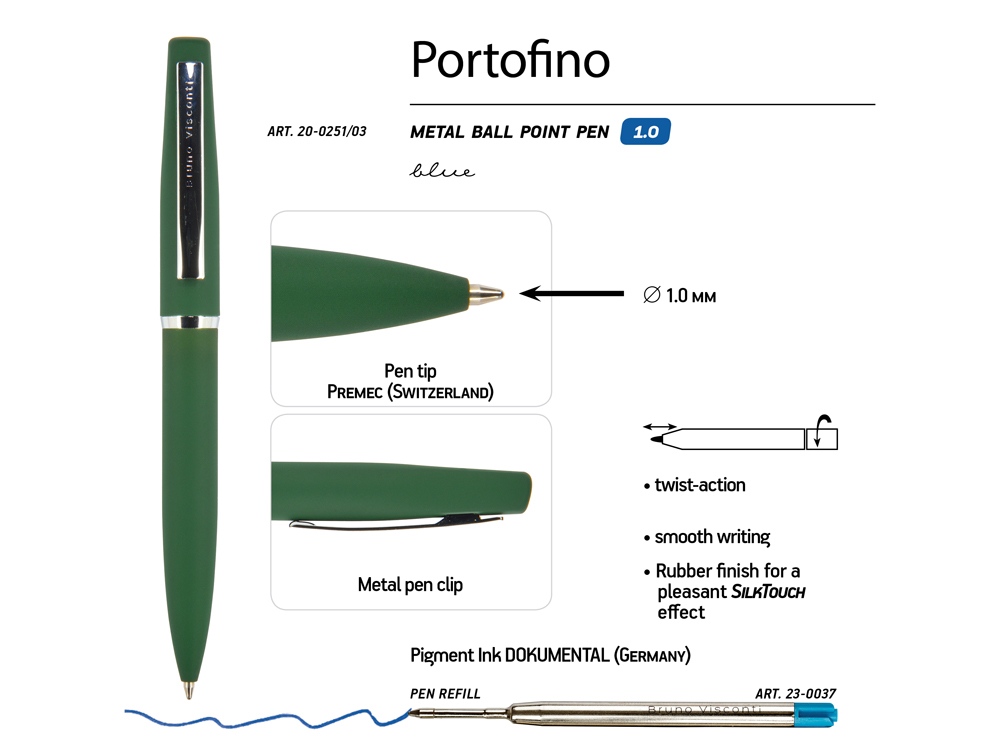 Ручка металлическая шариковая "Portofino", софт-тач, 1.0 мм, зеленый-2