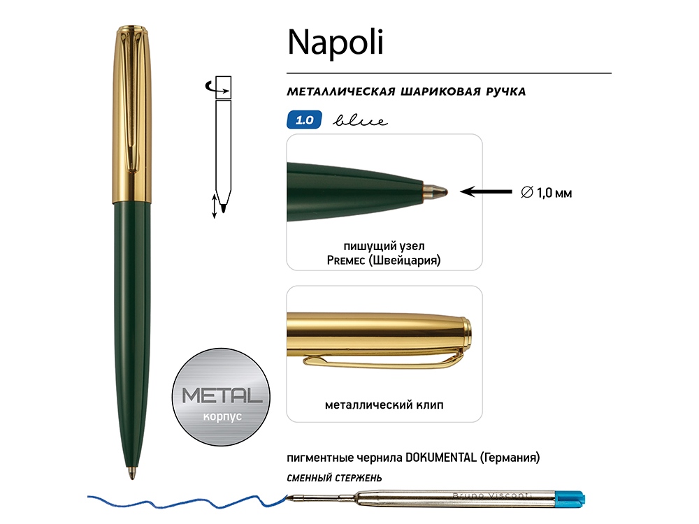 Ручка металлическая шариковая "Napoli", зеленый/золотистый-2