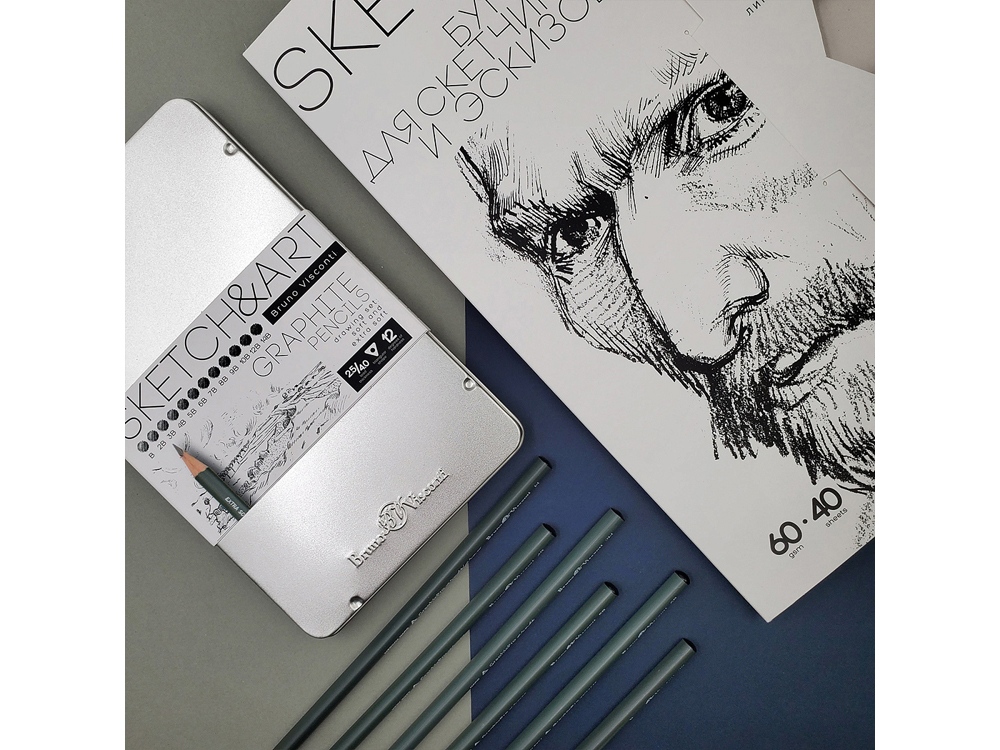 Набор чернографитовых карандашей  "Sketch & Art" ,12 шт. b-14b,  металлическая коробка с ложементом-3