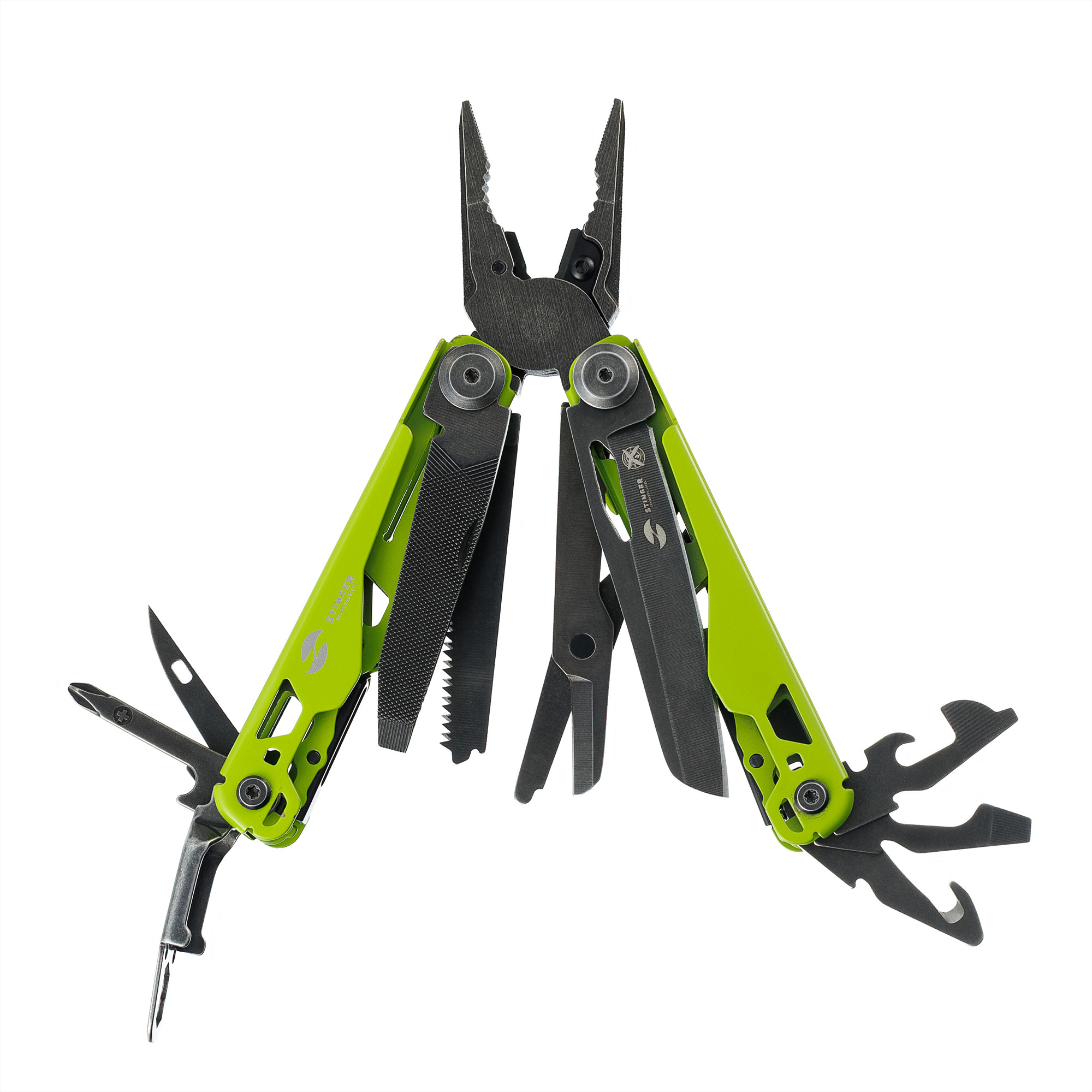 Мультитул Stinger, 107 х 19 мм, 19 функций, сталь, салатовый корпус, стоунвош, в картонной коробке, в комплекте нейлоновый чехол-1