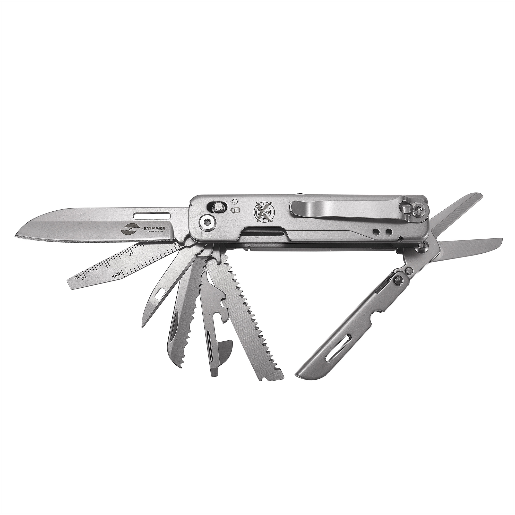 Мультитул Stinger, 92 х 30 мм, 15 функций, нержавеющая сталь, серебристый, в картонной коробке-1