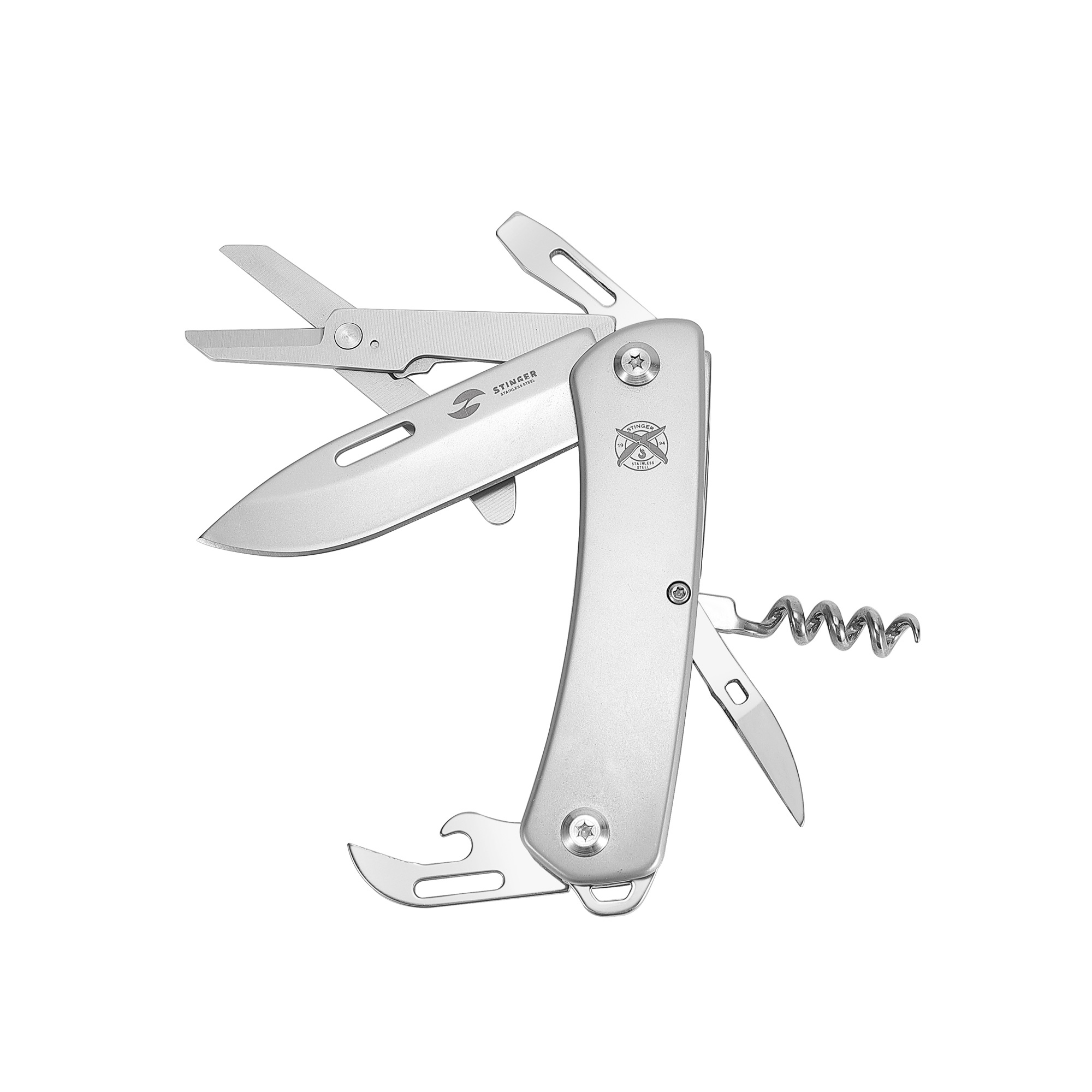 Нож перочинный Stinger, 103 мм, 10 функций, материал рукояти нержавеющая сталь (серебристый), в картонной коробке-1