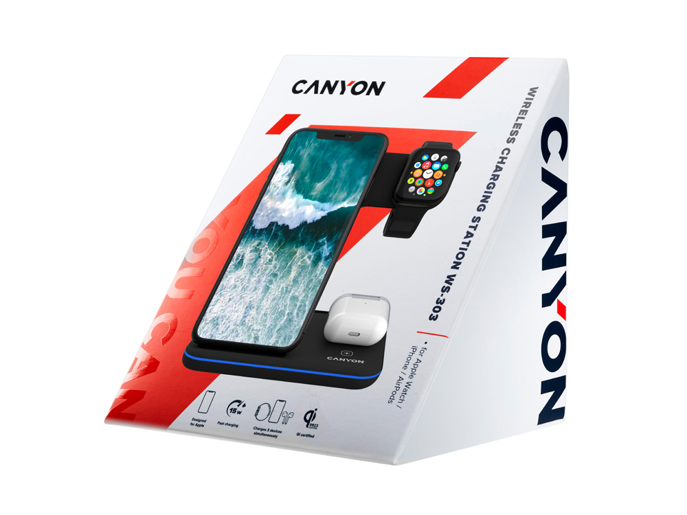 Беспроводное зарядное устройство для гаджетов "3-в-1" с технологией QI Canyon WS-303 (CNS-WCS303B), 15W, черный-6