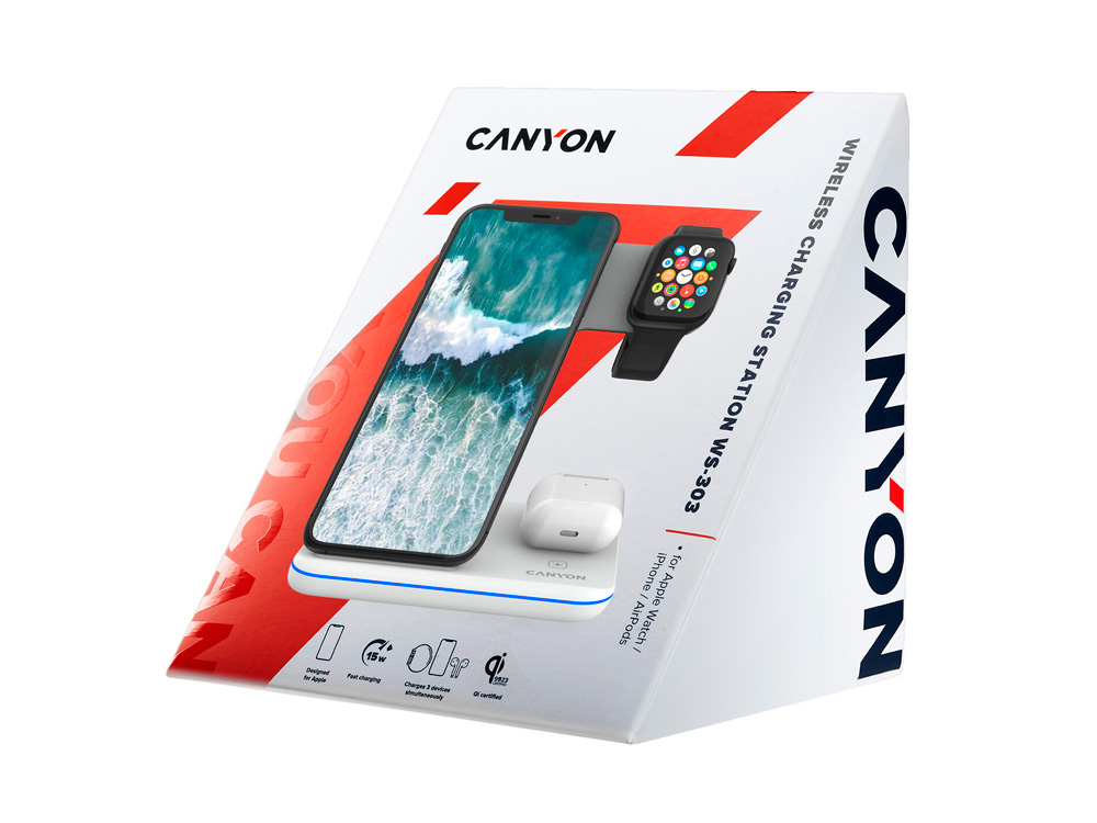 Беспроводное зарядное устройство для гаджетов "3-в-1" с технологией QI Canyon WS-303 (CNS-WCS303W), 15W, белый-5