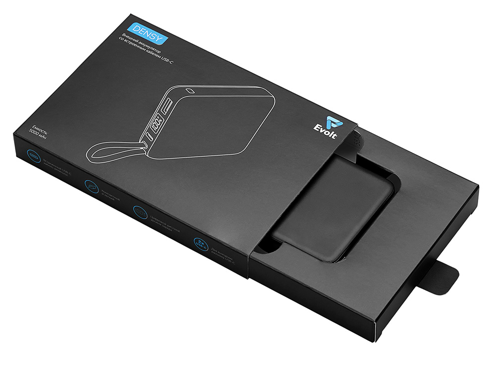 Внешний аккумулятор со встроенным кабелем USB-C «Дэнси», 5000 мАч, черный-4