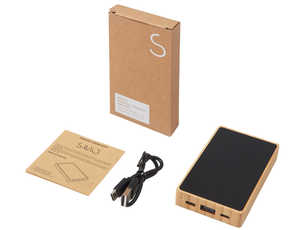 Внешний аккумулятор с подсветкой лого «Reedia S2», 5000 mAh, бамбук, черный-6