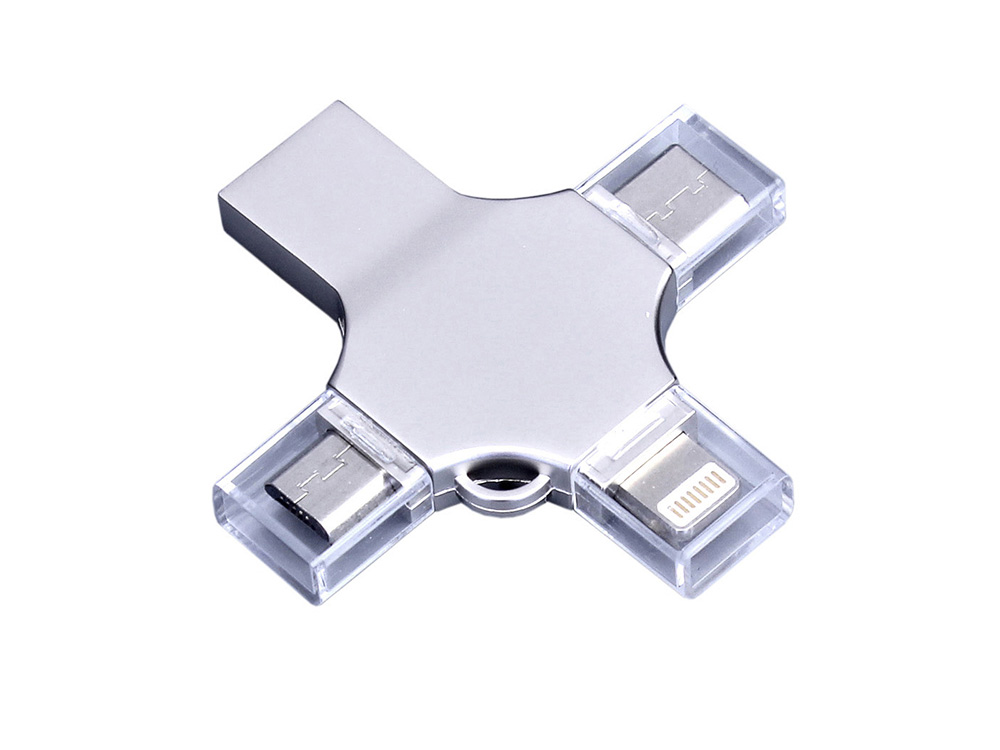 USB-флешка на 32 Гб 4 в 1 поворотный механизм, c дополнительными разъемами MicroUSB, TypeC и Lightning, серебристый-1