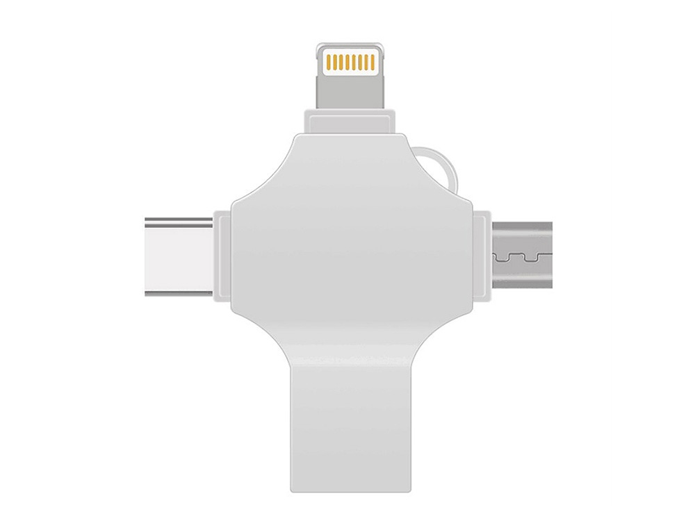 USB-флешка на 64 Гб 4 в 1 поворотный механизм, c дополнительными разъемами MicroUSB, TypeC и Lightning, серебристый-2