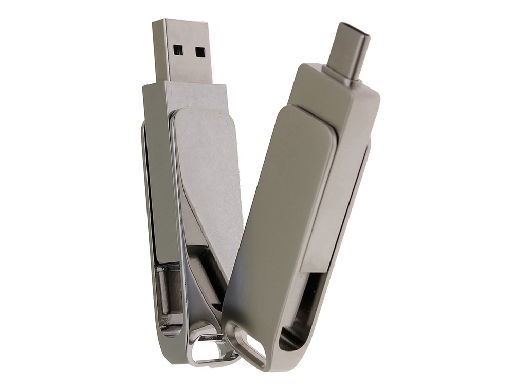 USB 2.0- флешка на 16 Гб поворотный механизм 2 в 1, c дополнительным разъемом Type-C с одноцветным металлическим клипом, серебристый-4