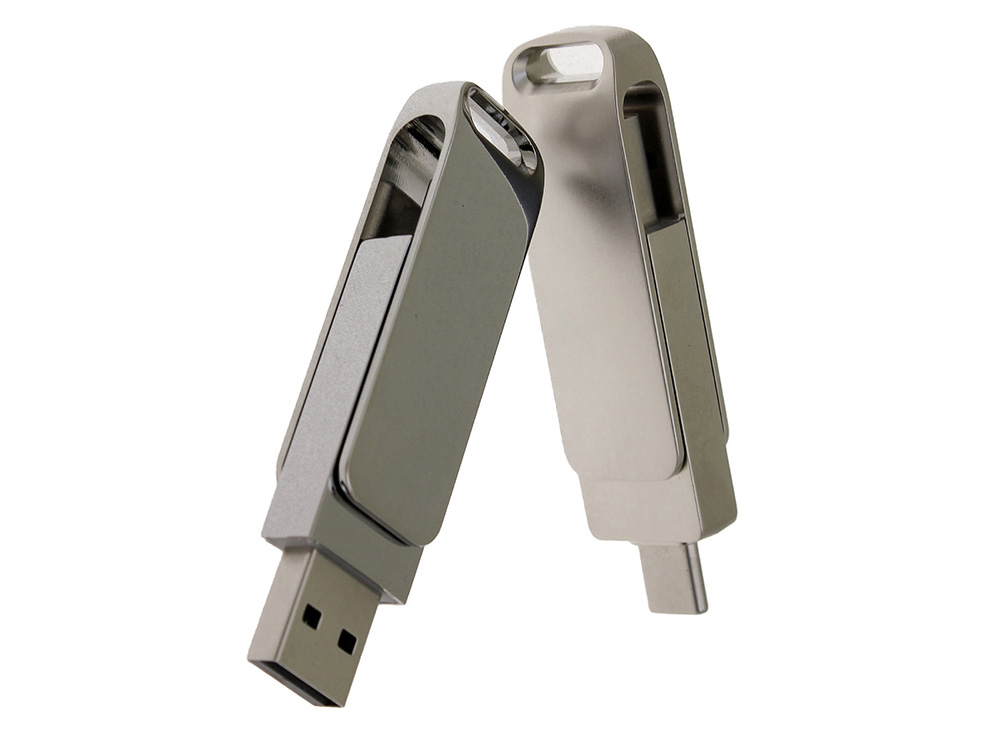 USB 3.0- флешка на 16 Гб поворотный механизм 2 в 1, c дополнительным разъемом Type-C с одноцветным металлическим клипом, серый-3